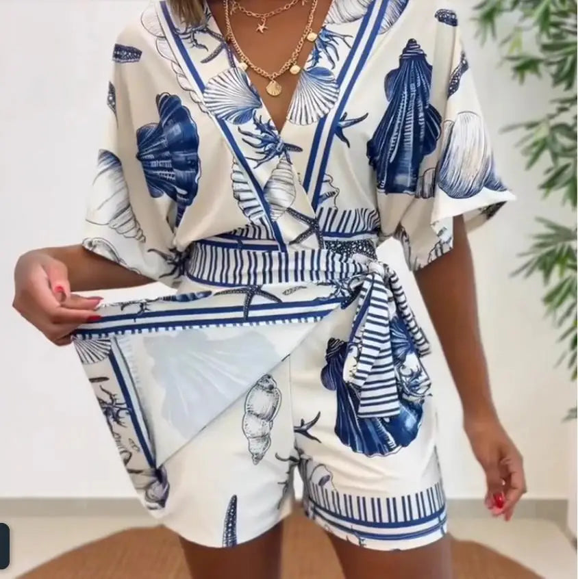 Seashell Starfish Print Wrap V Neck Short Sleeve Lace Up Romper for Women