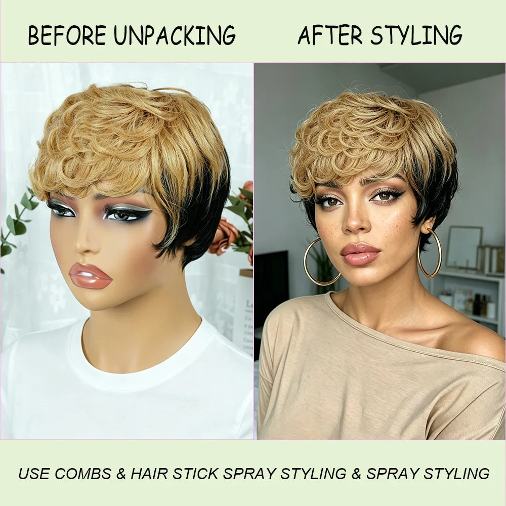 Kinky Curly Bob Wig With Bangs Black Champagne Human Hair For Women