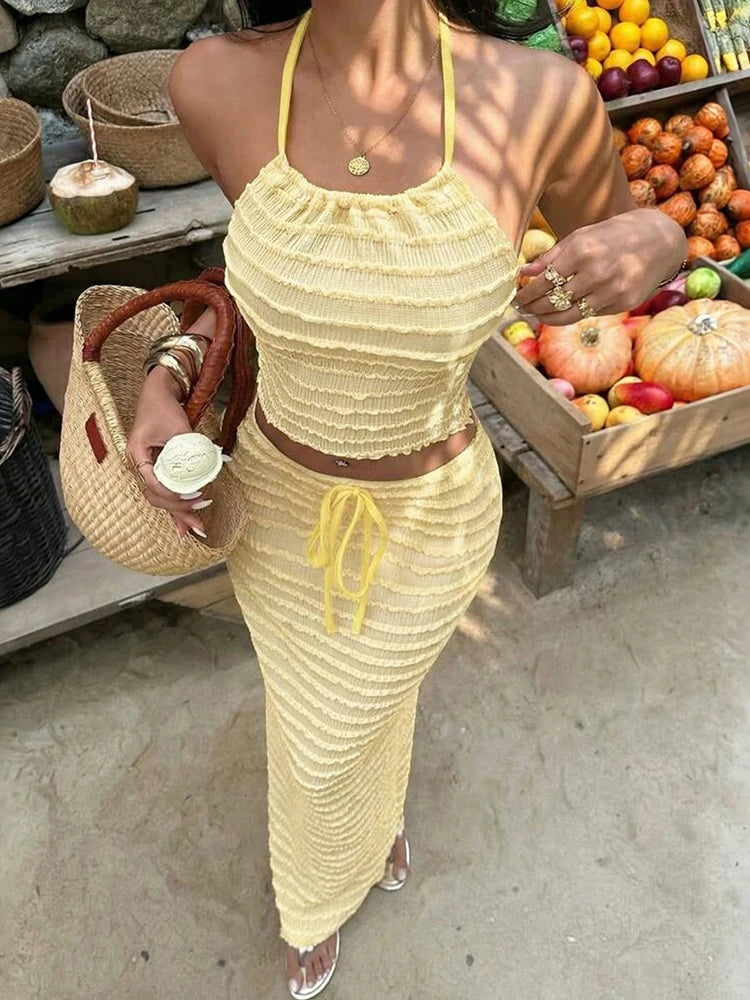 Ruffled Edge Halter Backless Two-Piece Set for Women
