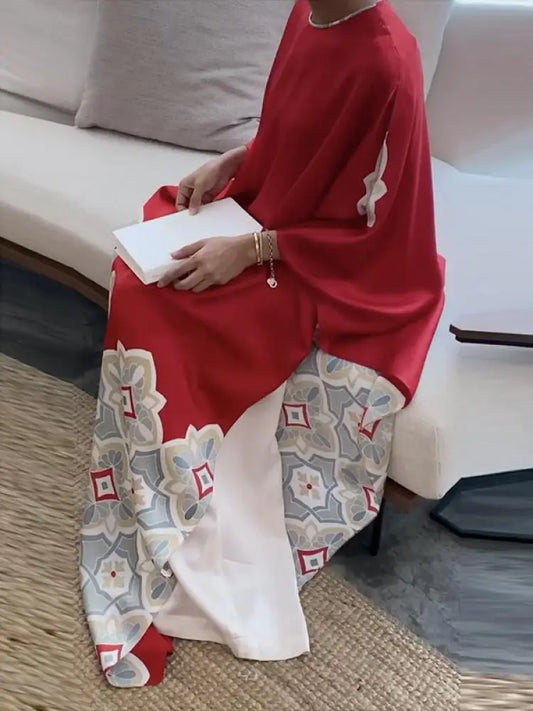 2025 New Spring Printed Evening Party Dresses Vintage Elegant Long Sleeves Loose Round-Neck Muslim Robe For Women