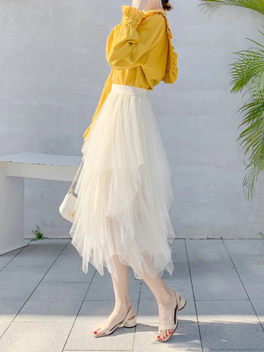 Women Tutu Tulle Skirt Elegant High Waist Mesh Tiered Layered Half Skirt Female Prom Party Midi Skirt for Summer Fairycore Y2K