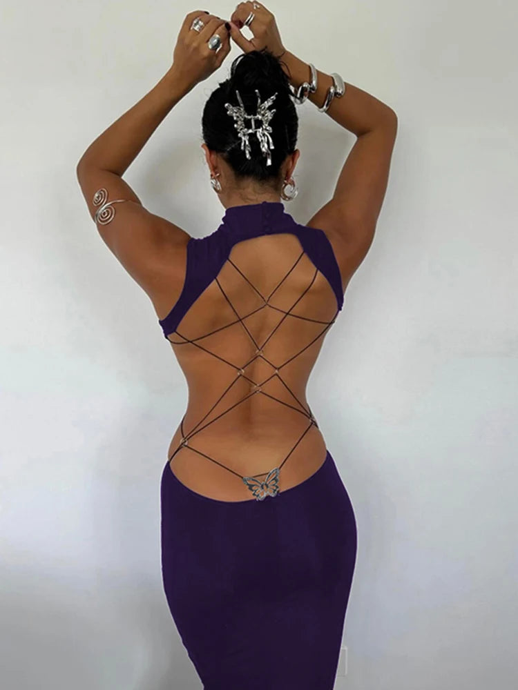 Backless Sleeveless Maxi Dress With High Collar for Women