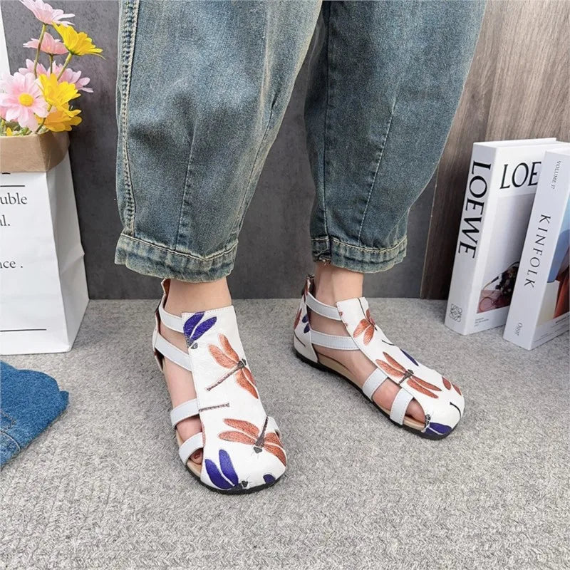 Flat Printed Genuine Leather Roman Sandals for Women