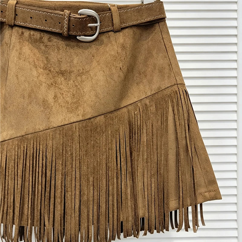 Vintage Brown Irregular Hem Faux Suede High Waist Mini Skirt For Women