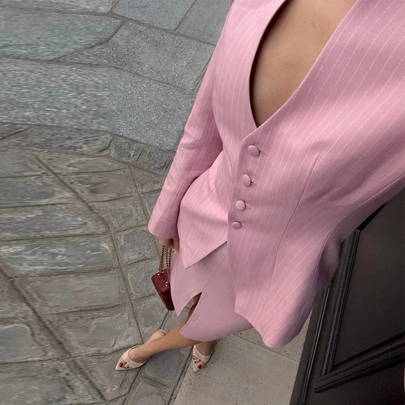 Elegant Striped V Neck Blazer Skirt Set With Long Sleeve Button Top for Women