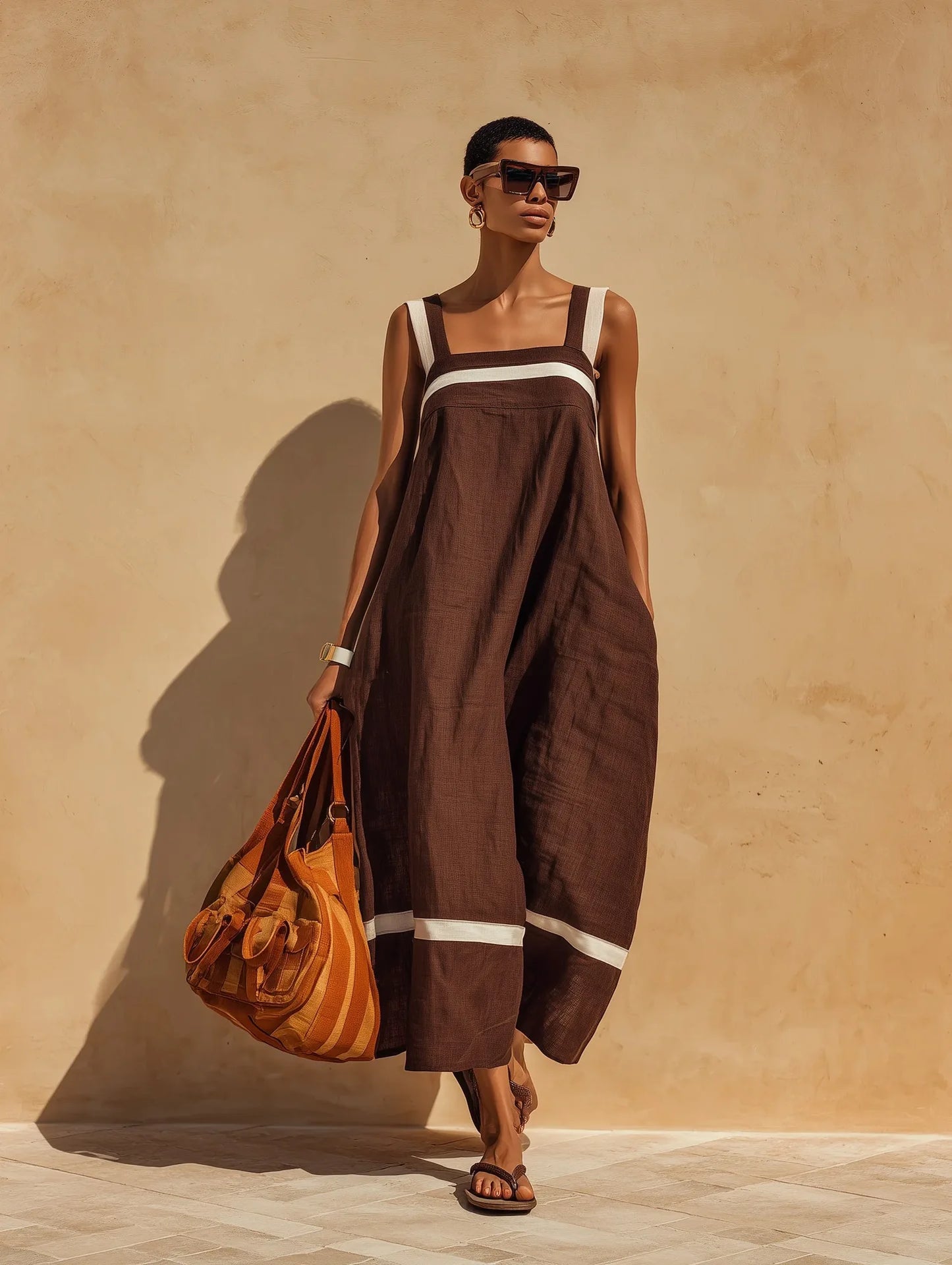 Contrasting Color Stripe Square Neck Spaghetti Strap Pocket Dress for Women
