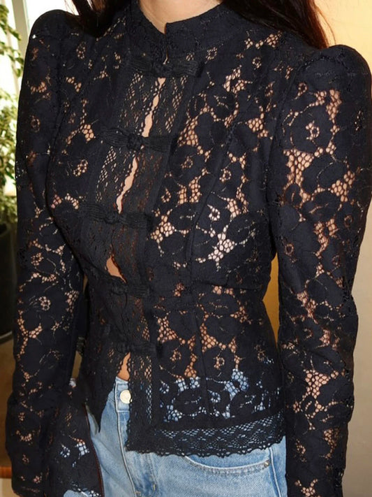 Women s Floral Lace Blouse Long Sleeve Button-up  Fit Elegant Spring Sheer Top for Work or Date Night