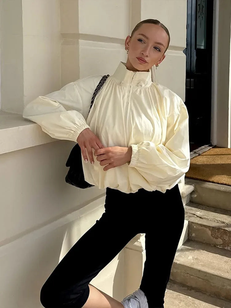 Zip Up High Neck Puff Sleeve Cropped Jacket For Women