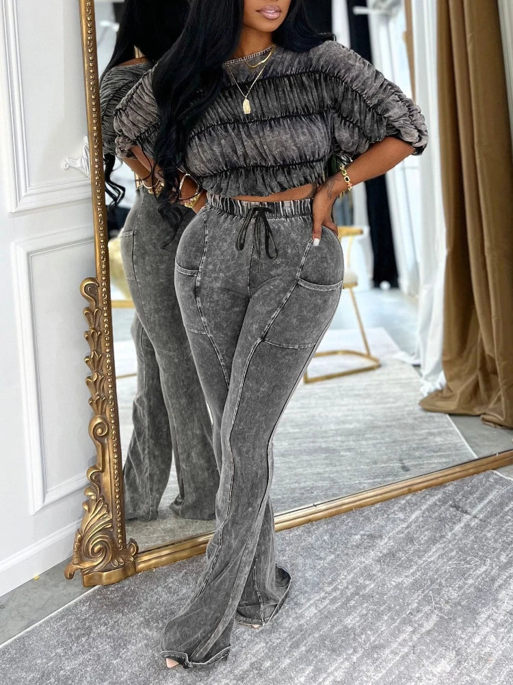 Ruched Crop Top And Flare Pants Two Piece Set for Women