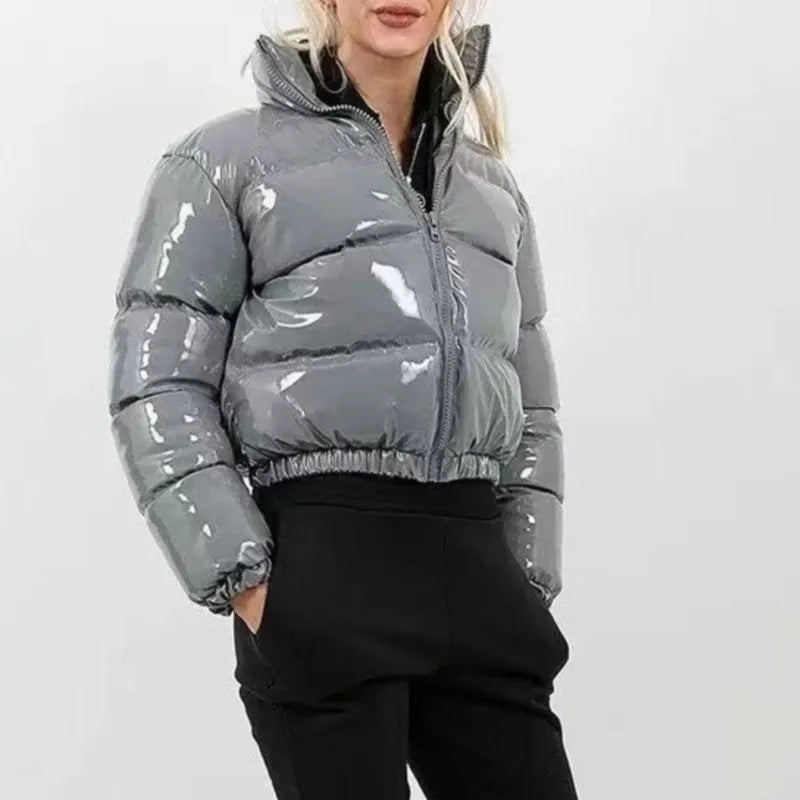 Shiny High Neck Cropped Winter Puffer Jacket for Women