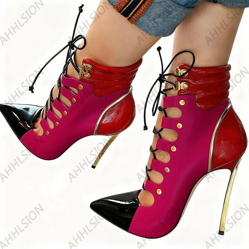 Pointed Toe Purple Leather Ankle Boots With Gold Accents For Women