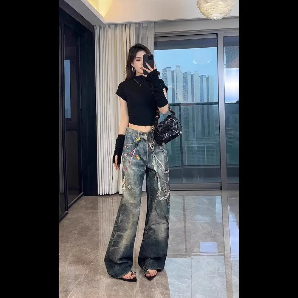 American Vintage Chain Print Cotton Straight Pants for Women