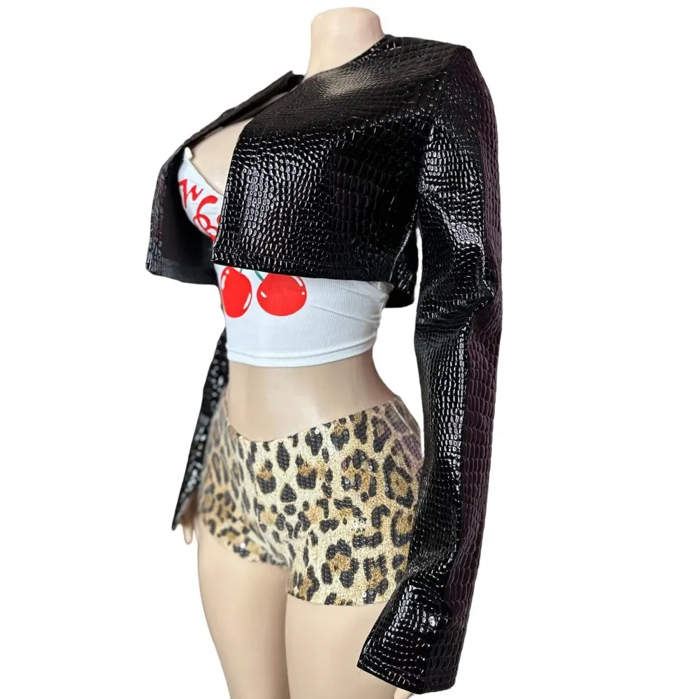 Chic Leopard Print Sequin Three Piece Set for Women