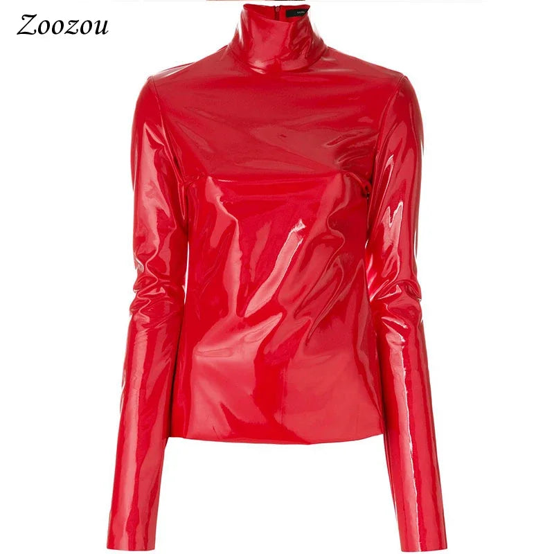 Faux Patent Leather Turtleneck Top