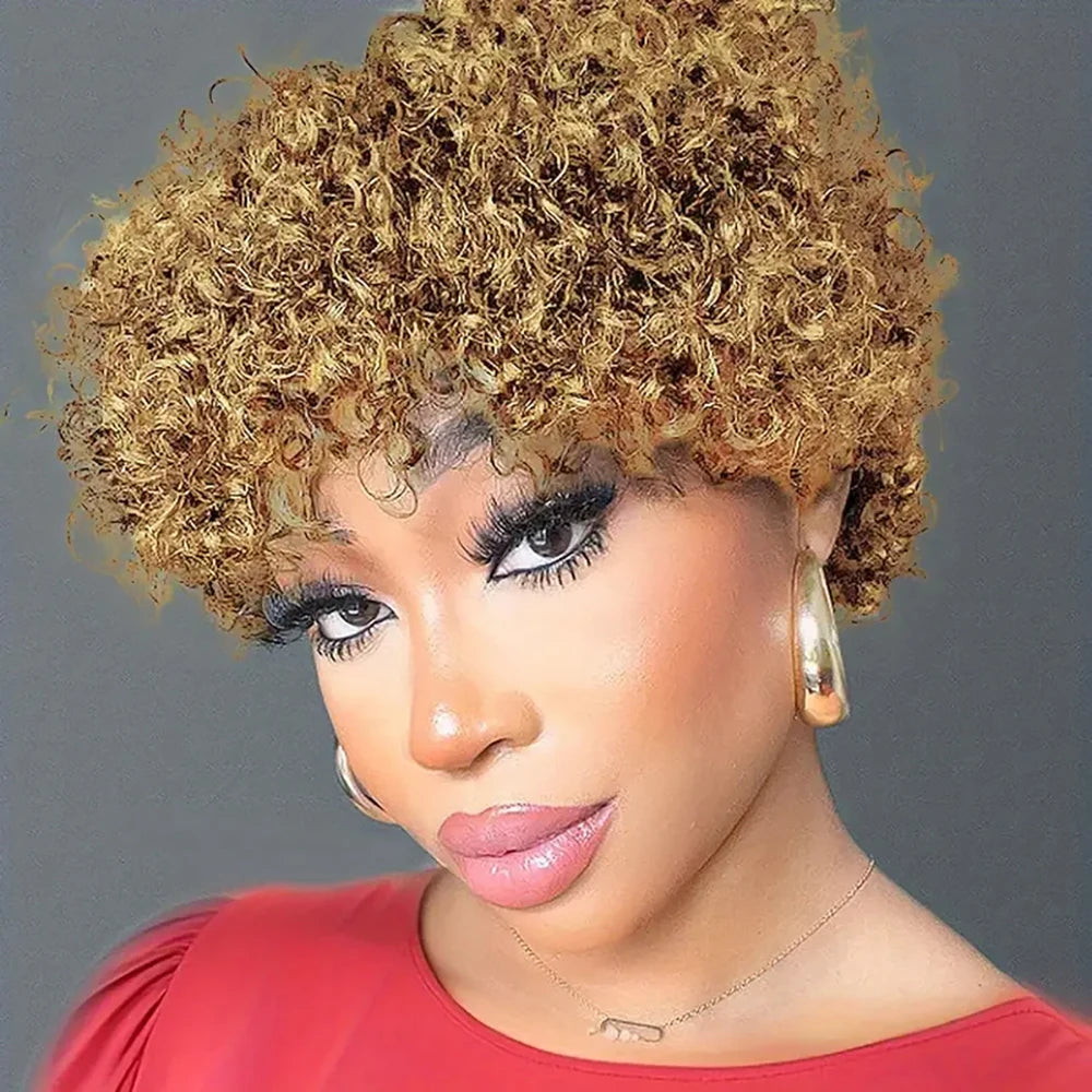 Blonde Brazilian Human Hair Wig Short Deep Wave Pixie Cut with Pre Plucked Bangs for Women Machine Made Curly 100% Human Hair