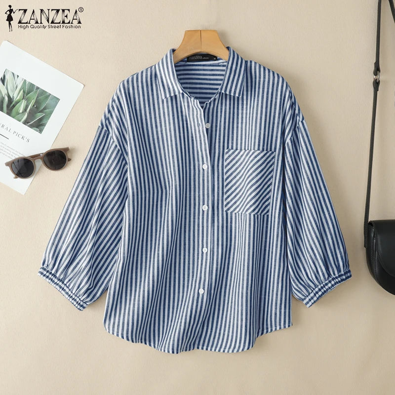 ZANZEA Women Casual Striped Shirts 2025 Summer 3/4 Lantern Sleeves Turn-Down Collar Chemises Femme Commute Office Work Tops