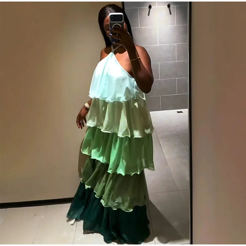 Flowy Gradient Halter Off Shoulder Ruffle Maxi Dress for Women