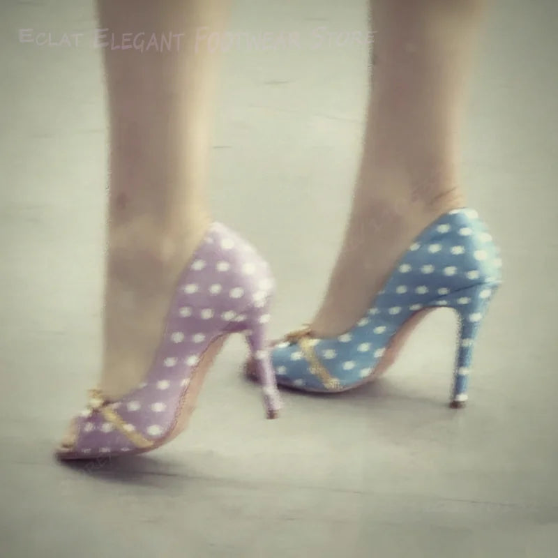 Polka Dot Peep Toe Stiletto Satin Pumps With Silk Bow Buckle For Women