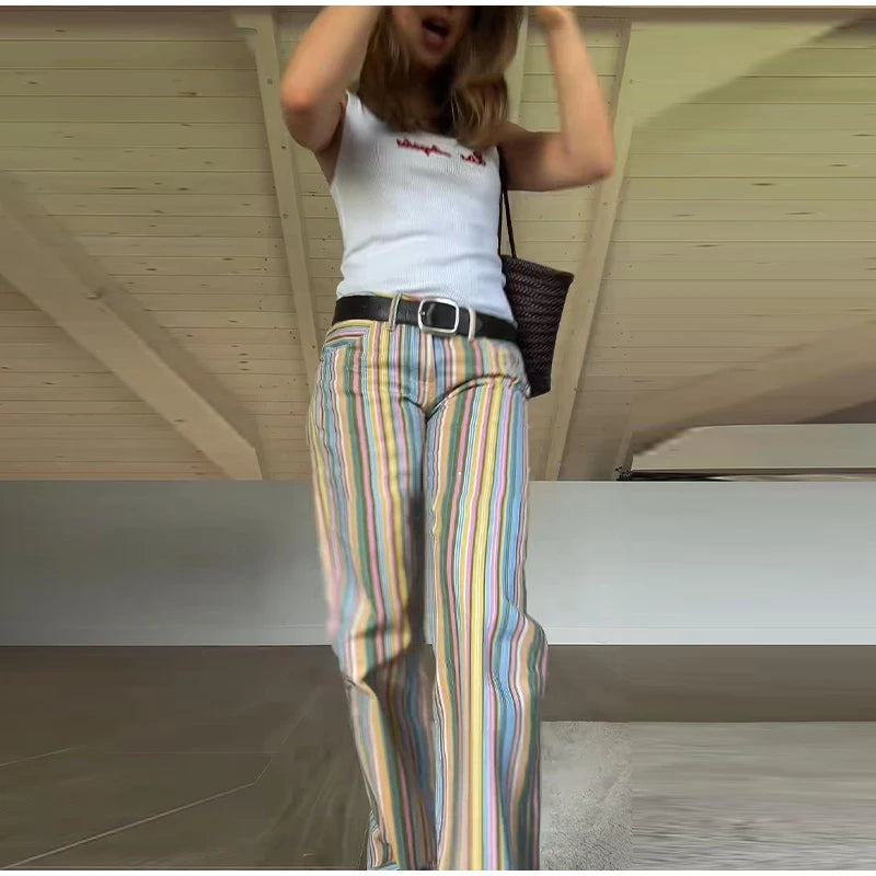 Color Block Rainbow Stripe Wide Leg Jeans for Women
