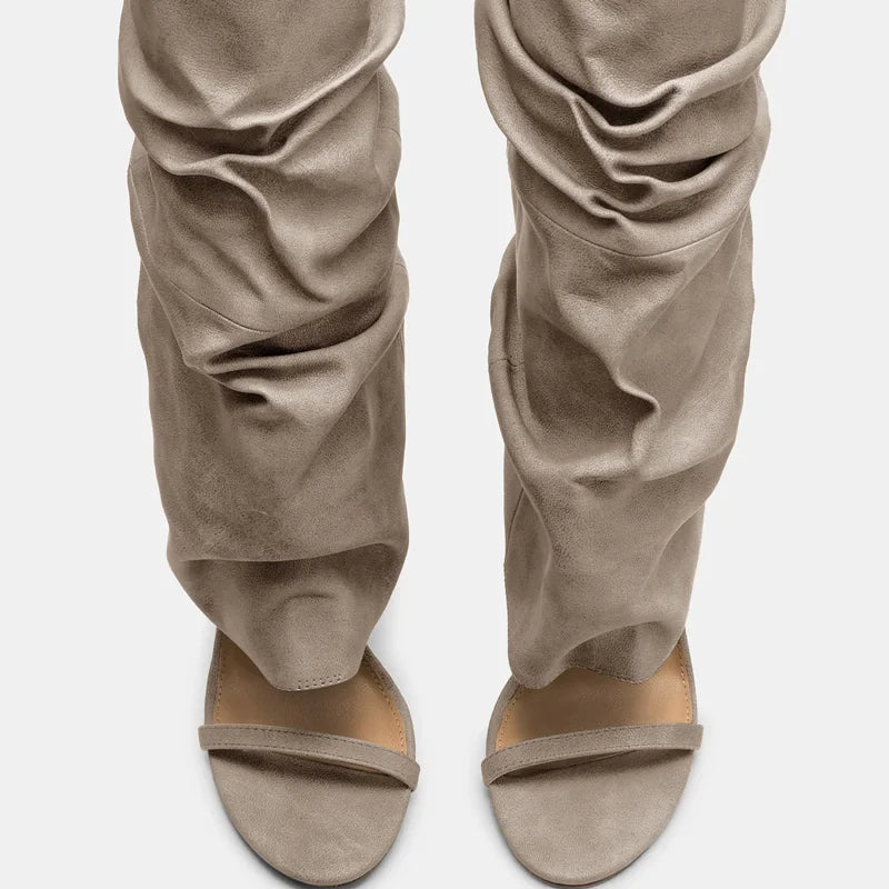 Pointed Toe Knee High Thin Heel Leather Boots for Women