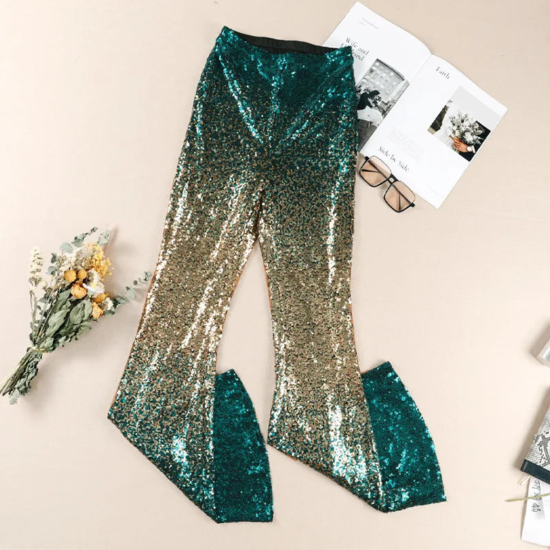 Gradient color wide leg pants for women's spring autumn new high waisted slim fitting sequin women's flared pants