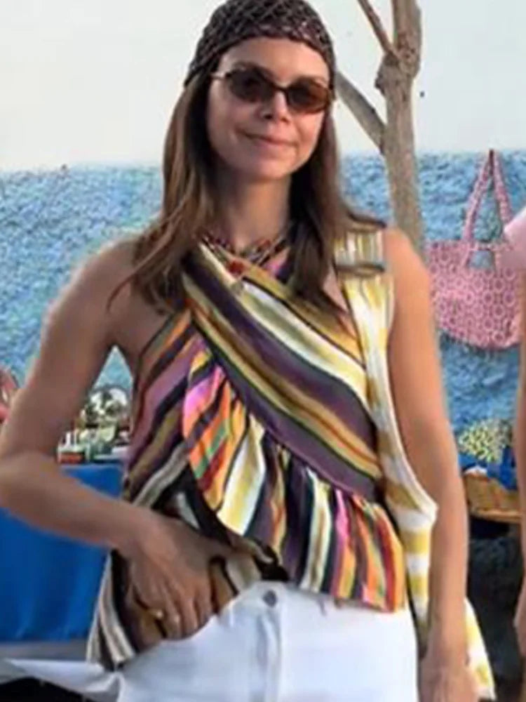 Rainbow Striped Halter Tank Top With Ruffle Trim For Women