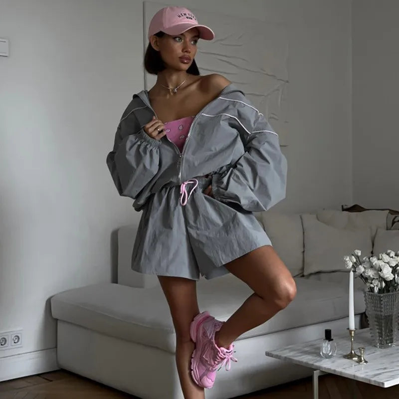 Casual Striped Lapel Jacket And Shorts Set for Women
