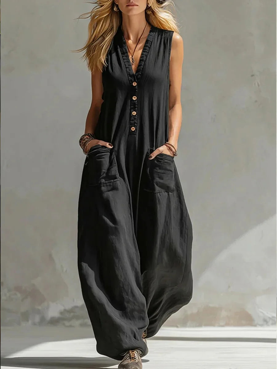Sleeveless V Neck Loose Wide Leg Casual Jumpsuit For Women