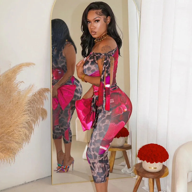 FAGADOER Sexy Leopard Floral Print Two Piece Outfits Woman Skew Collar Bandage Tank Tops + Skinny Pants Matching Streetwear New