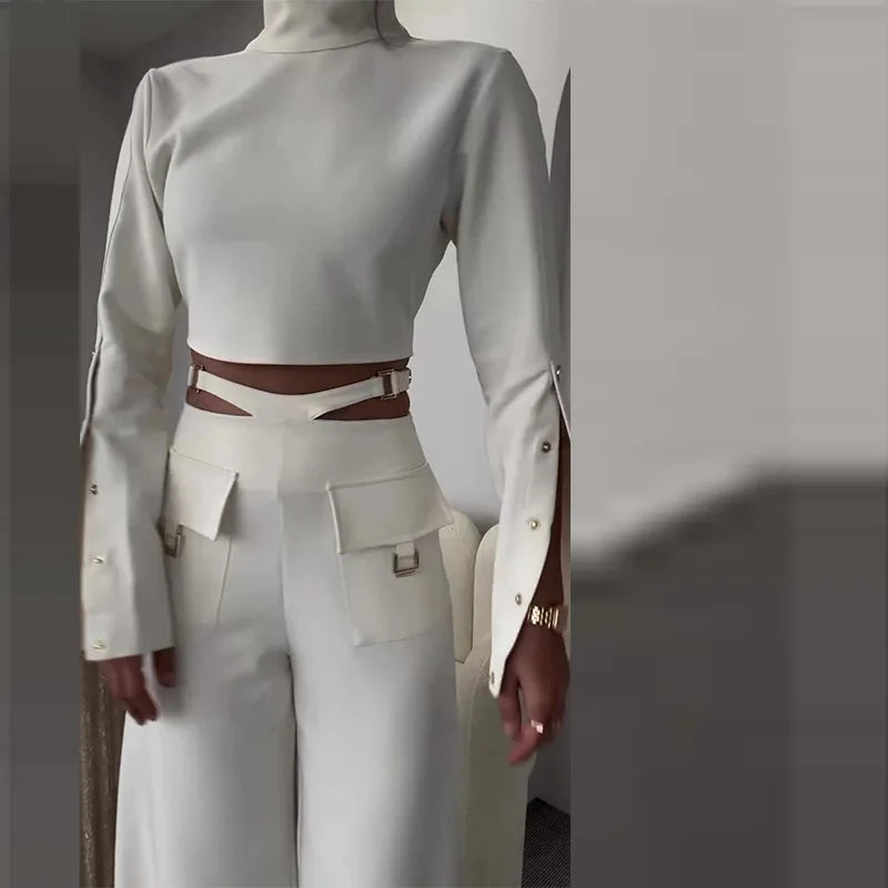Turtleneck Top And Wide Leg Pants Set