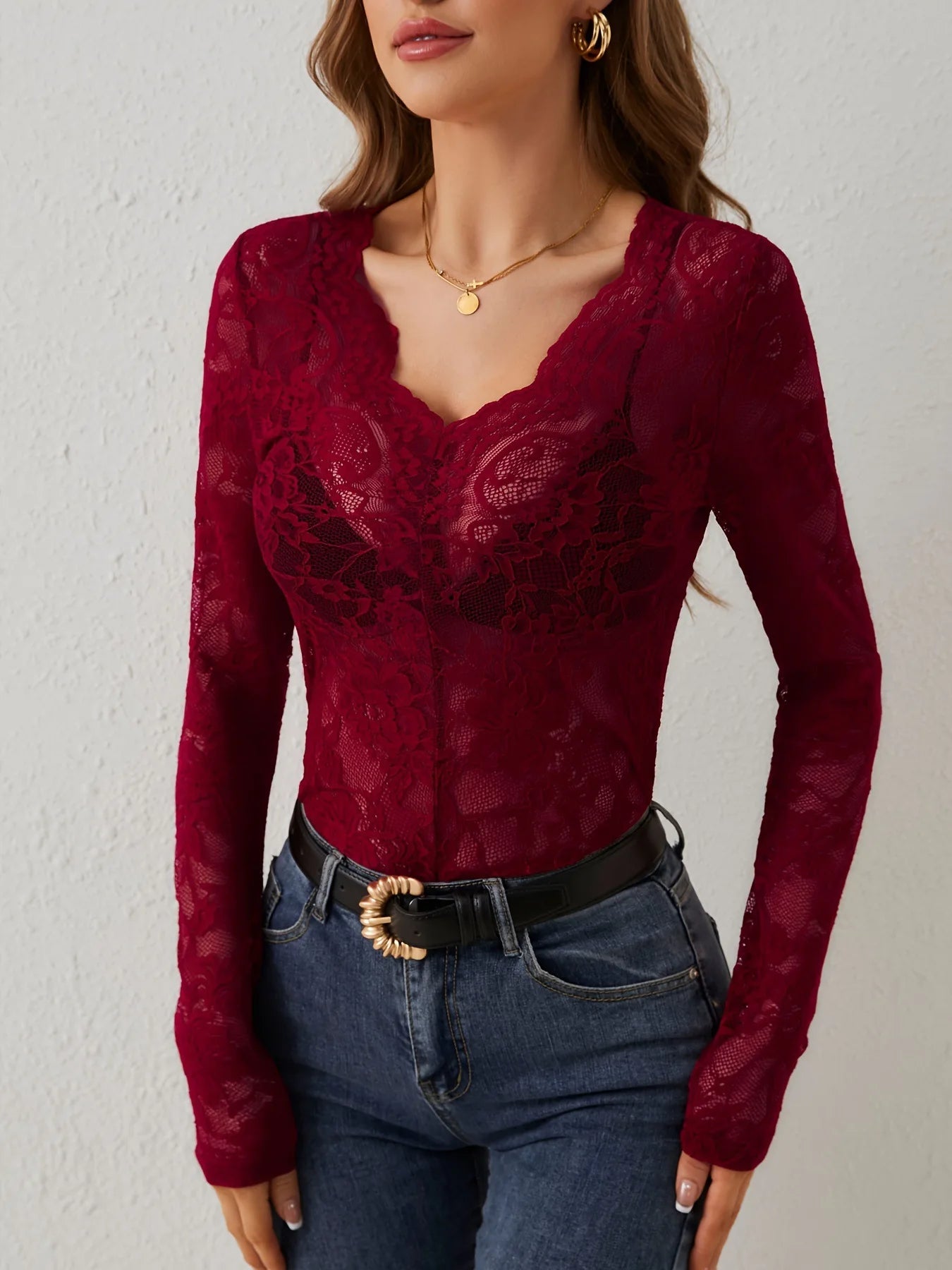 V-Neck Sheer Lace Long Sleeve Top with Scallop Trim for Women