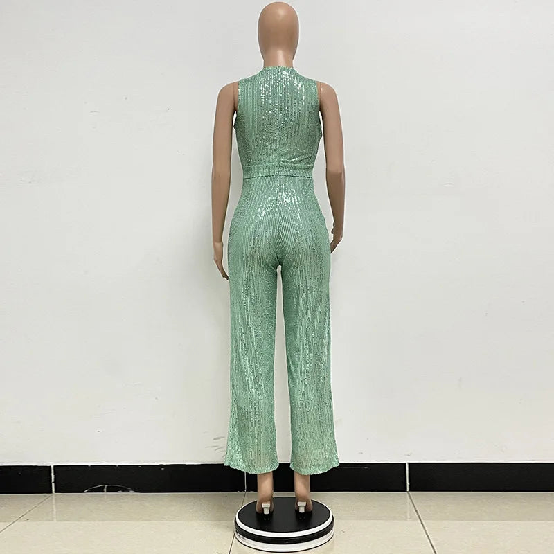 Elegant Silver Sequined Straight Cut Jumpsuit for Women