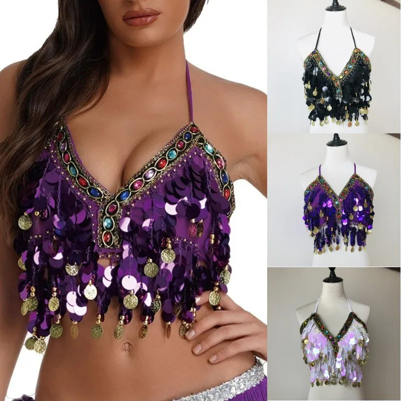 Shiny Colored Sequin Diamond Halter Crop Top for Women