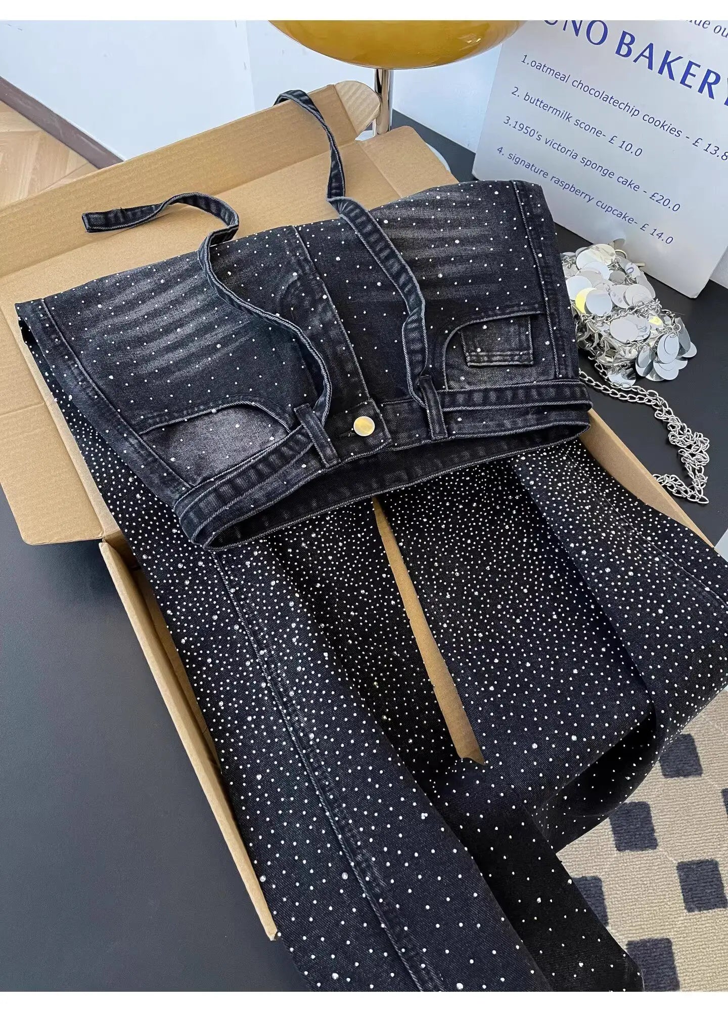 Glittering Rhinestone Wide Leg Denim Pants for Women