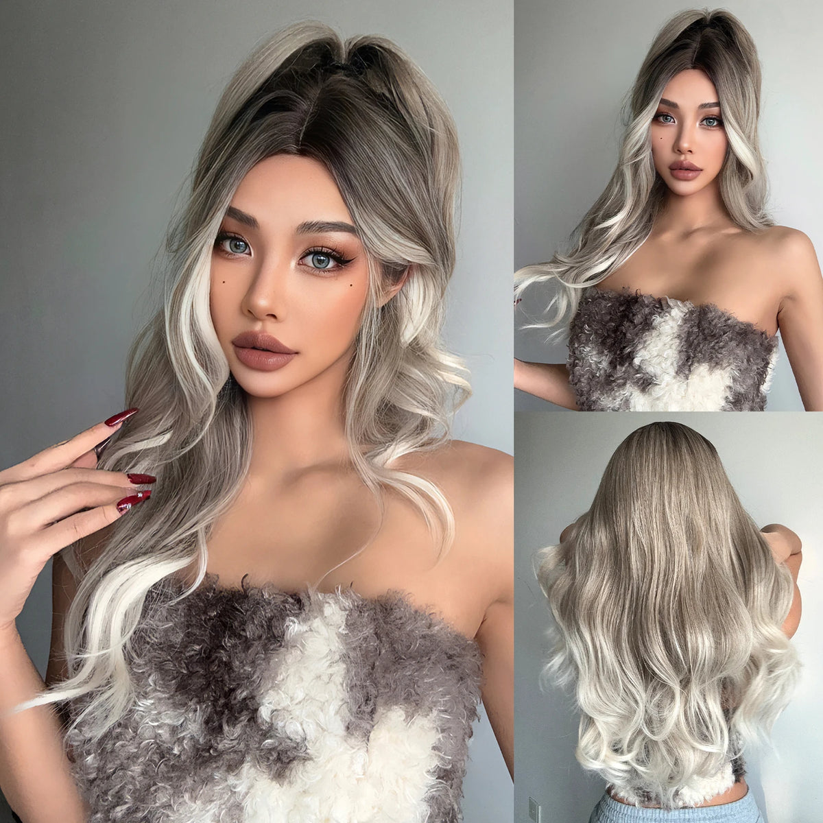 Long Wavy Grey And White Highlight Synthetic Wig for Women