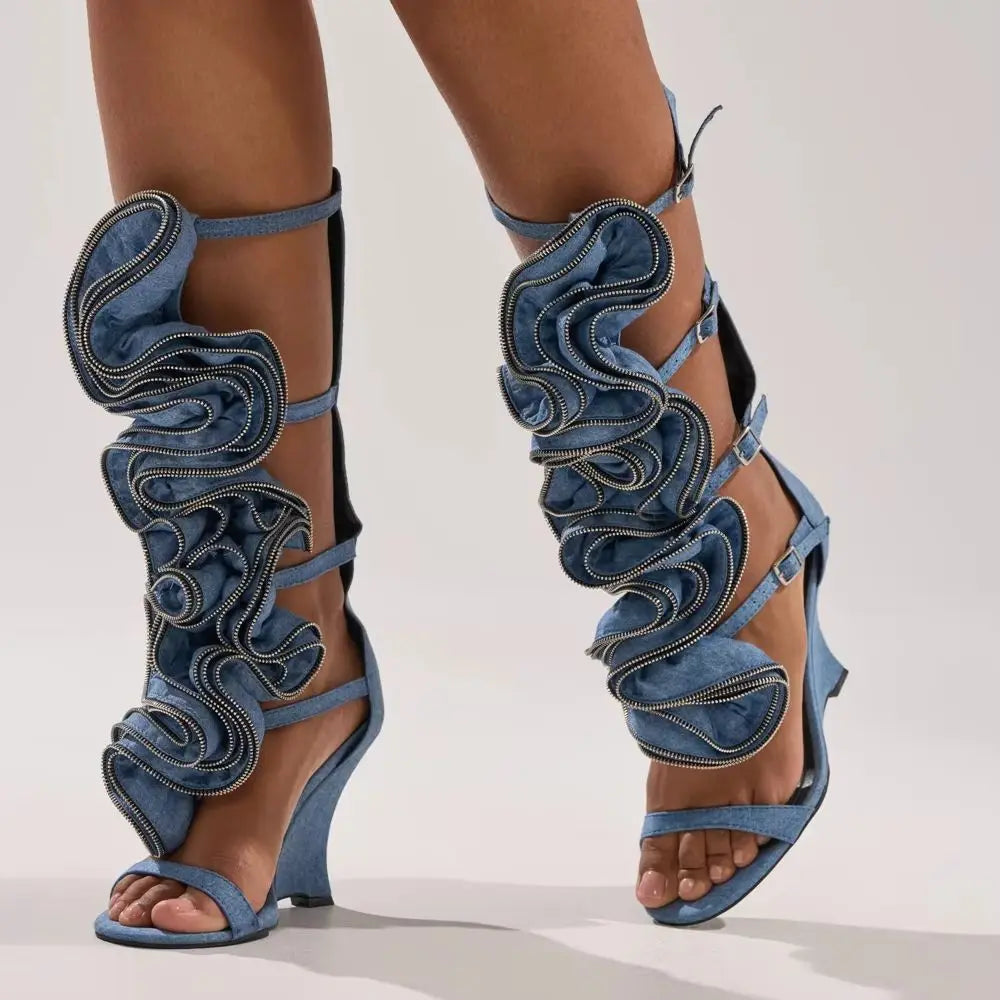 Light Blue Denim Wedge Sandals