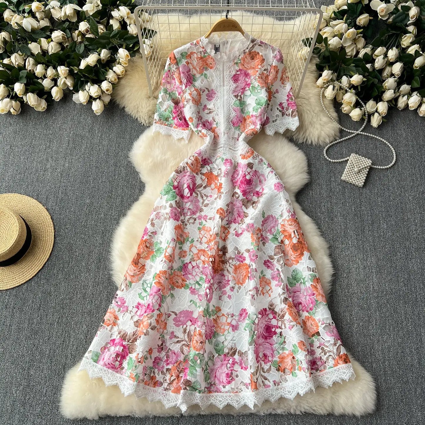 Elegant French Style Vintage Lace Printed Dress for Women