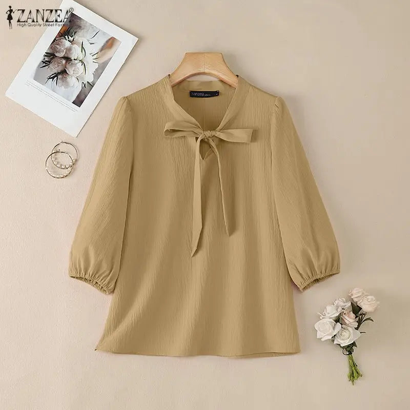 Crinkled Bow Tie Neck Puff Sleeve Blouse for Women