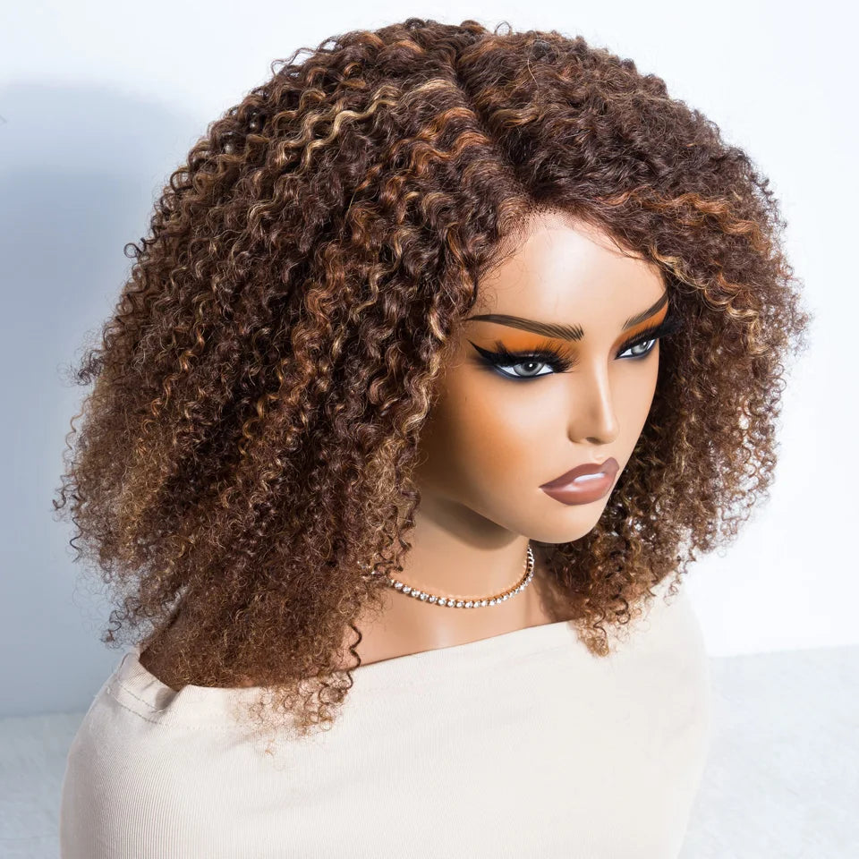 Ombre Brown Kinky Curly Glueless Bob Lace Wig for Women