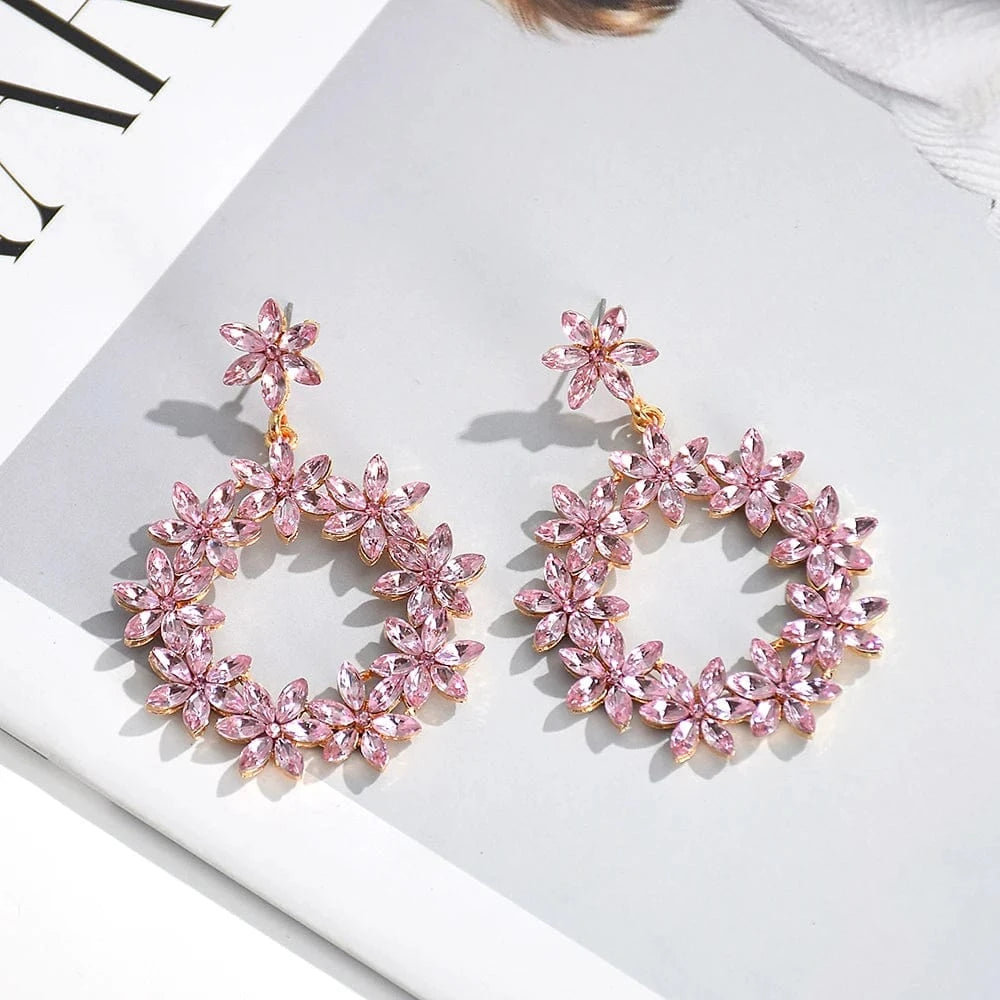 New Arrival Flower Colored Glass Stone Drop Earrings For Women Girls Crystal Accessories Statement Jewelry Wholesale