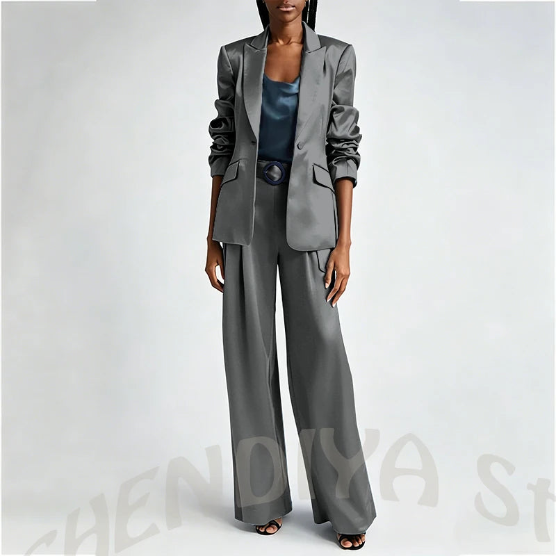 Women's Two Pieces Set Satin Peaked Lapel Elegant Fashion Single Button Straight Professional Tailor-Made Jacket with Pants
