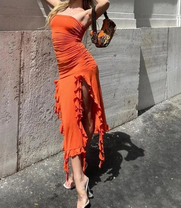 Short Dresses Womens Fashion New Sexy Spicy Girl Sleeveless Strapless Sweet Split Asymmetric Casual Party Long Dress 2025 Summer