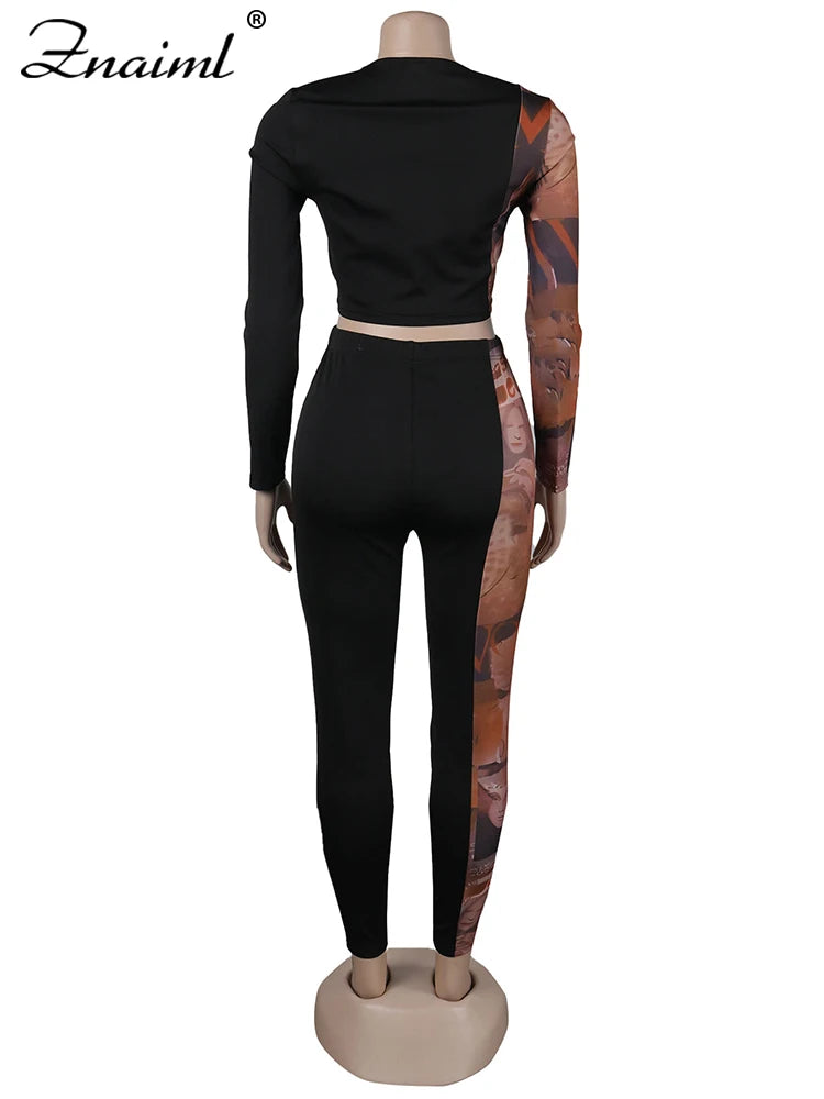 Znaiml Sexy Print Splicing Two Piece Sets Women O Neck Long Sleeve Crop Top and Pants Bodycon Matching Outfits Street Tracksuits