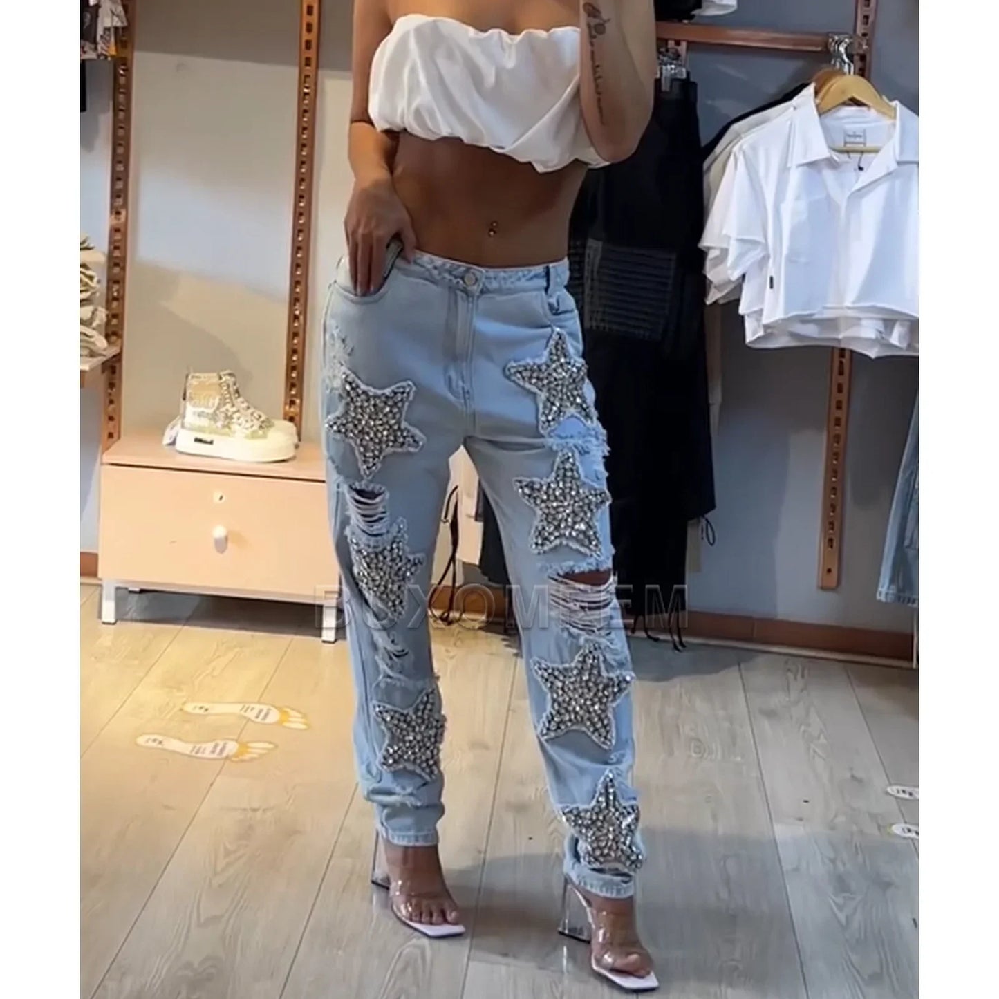 Loose Fit Baggy Wide Leg Denim Jeans Full Length for Women