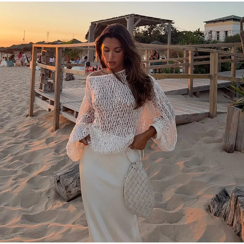 White Hollow Crochet Off Shoulder Long Sleeve Top For Women