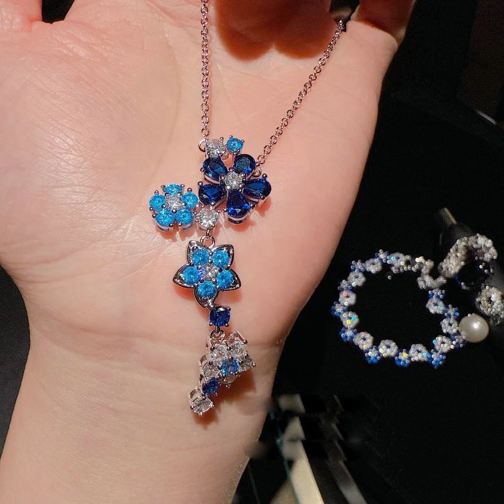 Vintage Blue Floral Zircon Necklace and Bracelet Set for Women
