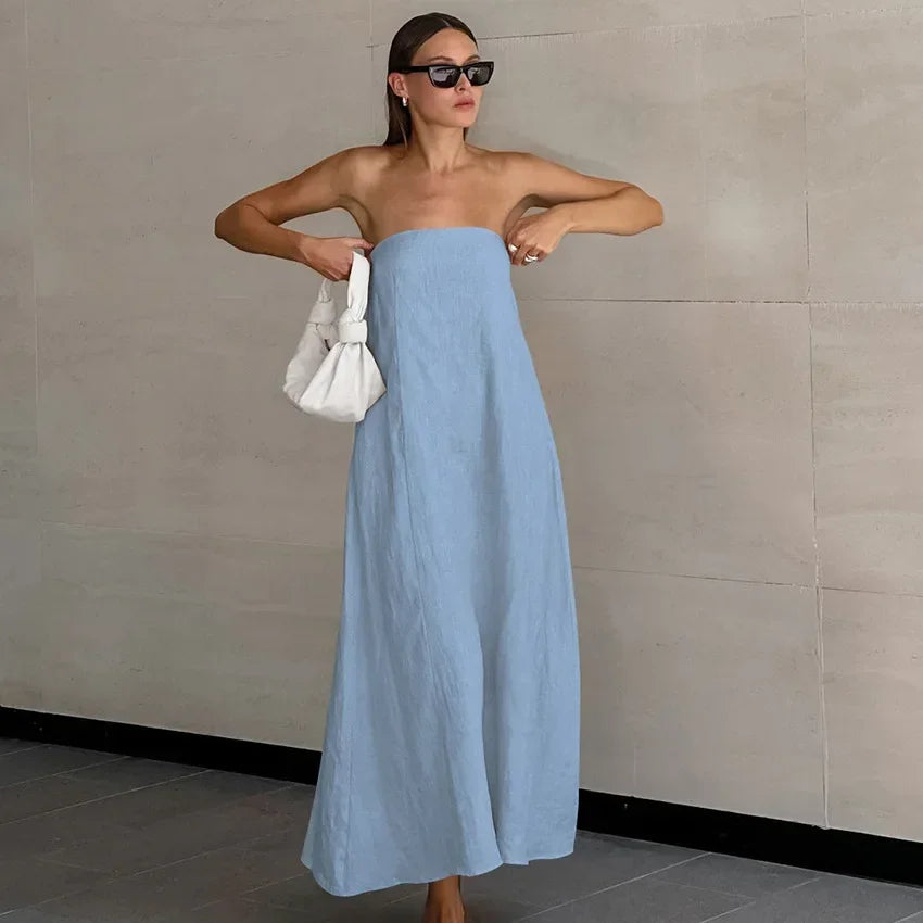 Solid Color Strapless Sleeveless Pocket Dress for Women