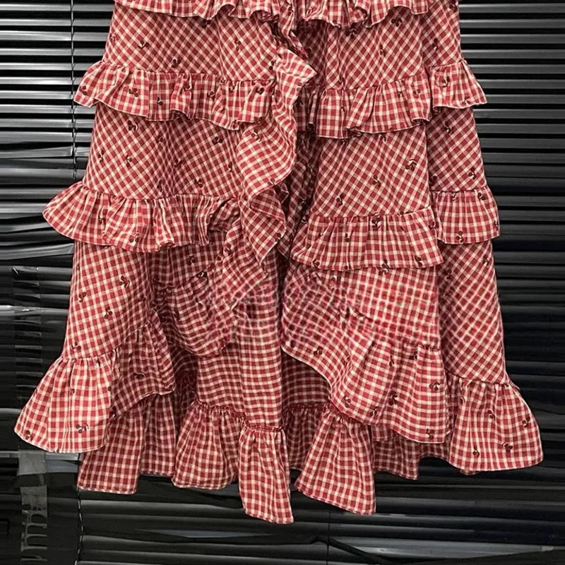 ANJY Spring Summer New Women Fashion Vintage Plaid Patchwork Denim Multi-layered Skirt Sweet Drawstring Short Sleeve Tops A24530