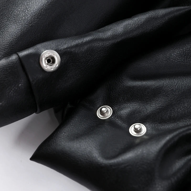 PU Leather Women's Cotton Coat Vintage Laple Full Sleeve Thicken Pockets Female Parka Jackets 2025 Autumn Winter Lady Streetwear