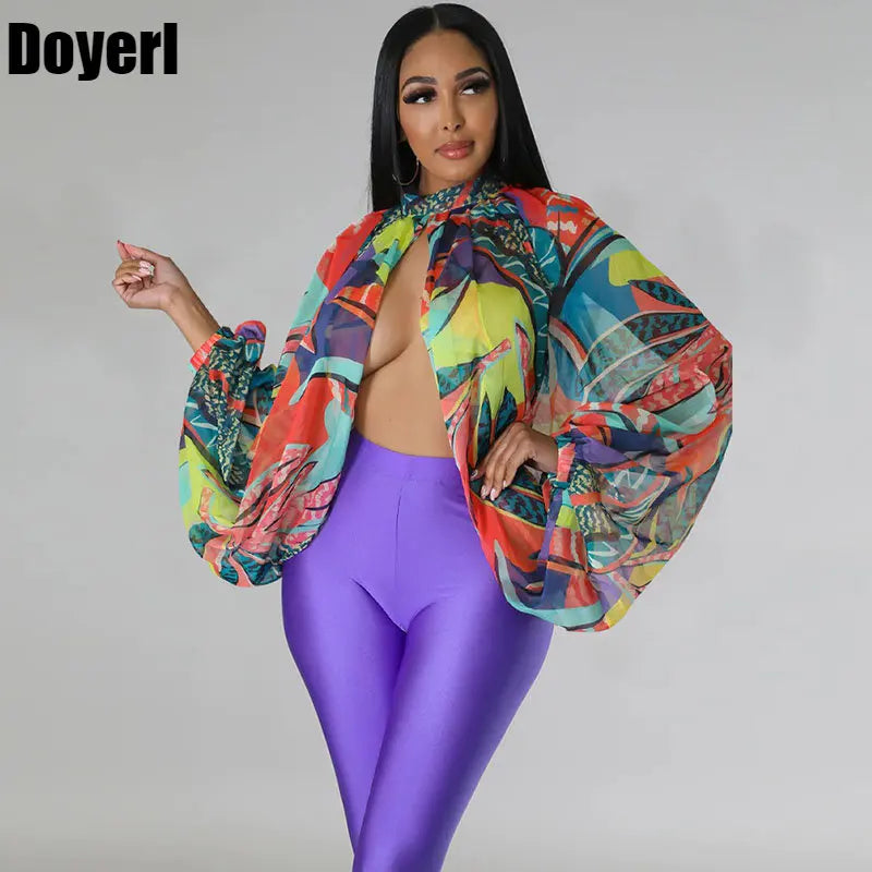 Printed Batwing Sleeve Chiffon Blouse With Sheer Front for Women